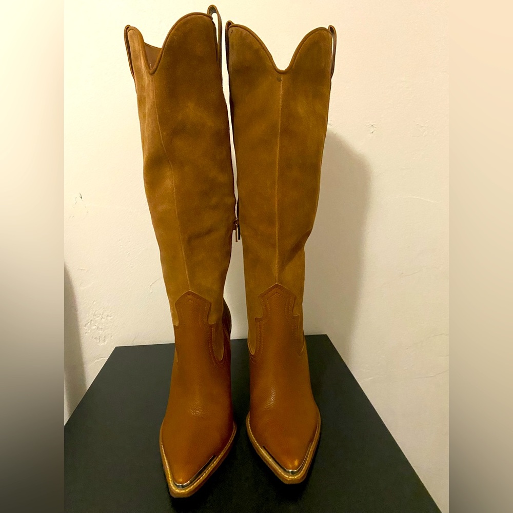 Gianni bini western  light camel indigo heel leather suede knee highboots Size 7